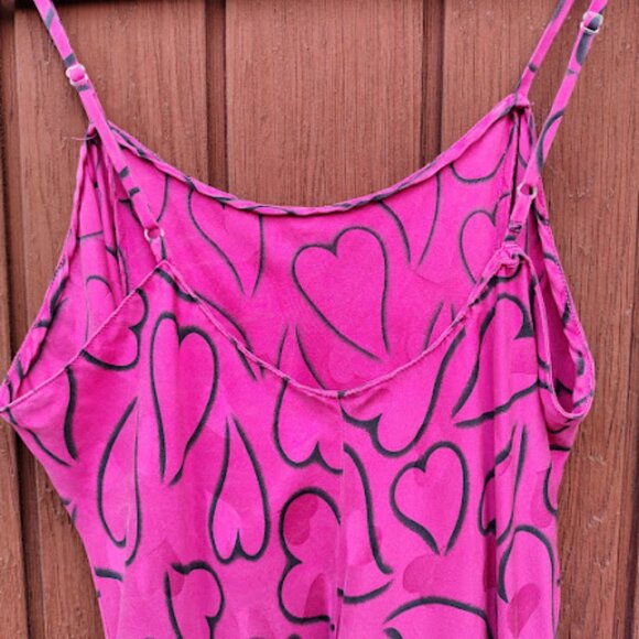 LAURA LEIGH | Silk Y2k Hot Pink Heart Print Spaghetti Strap Slip Slit Dress M - Picture 11 of 14